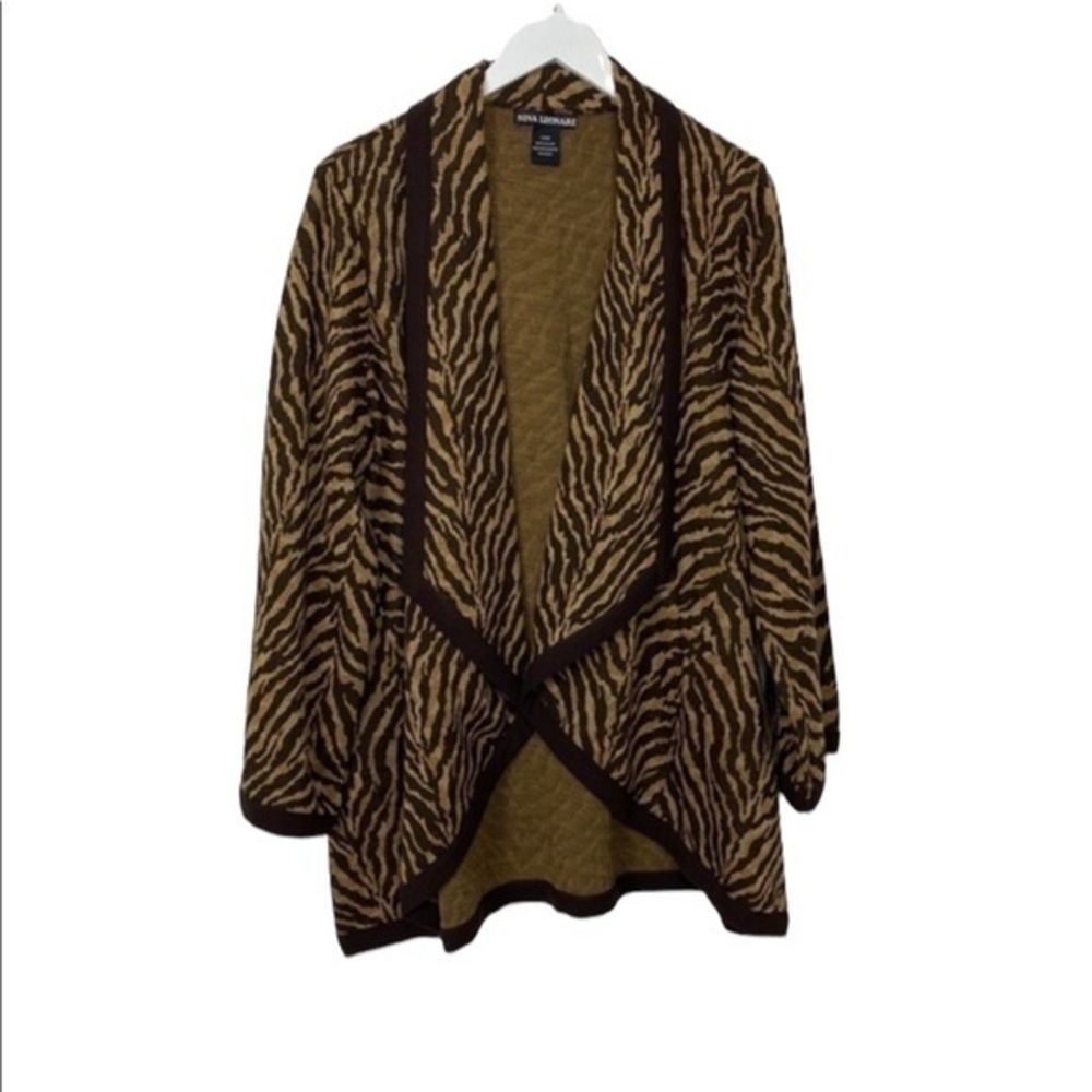 Nina Leonard Brown Tan Zebra Animal Print Cardigan Sweater Size L